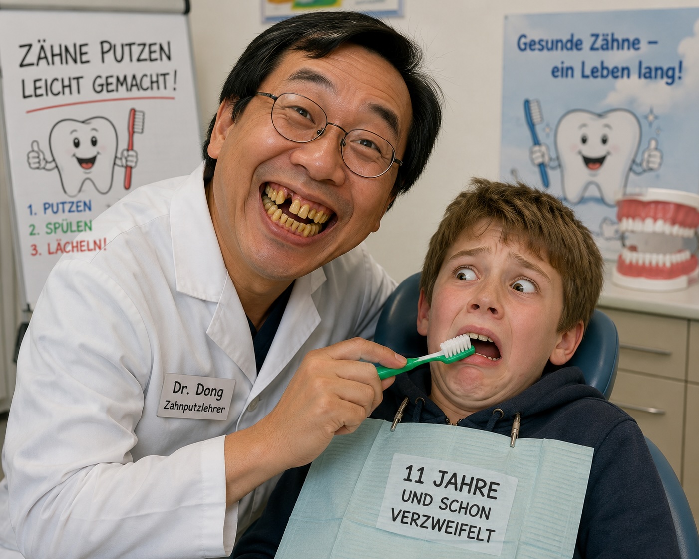 Dr. Dong hilft einem Kind beim Zähneputzen und lächelt